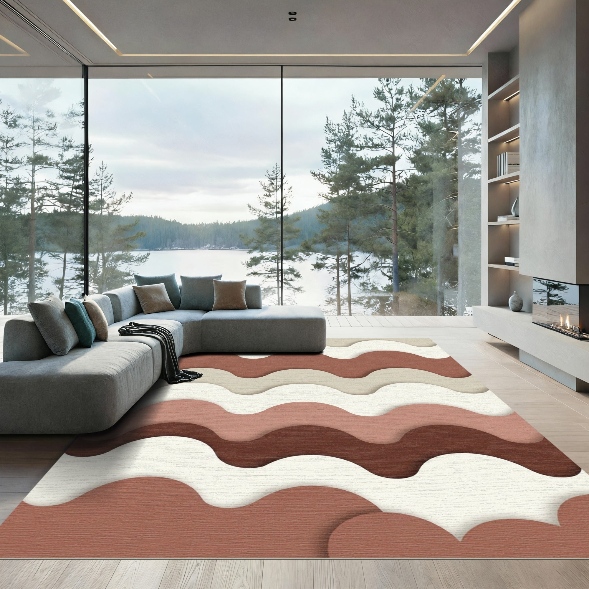 Modern Earthy Tone Layered Wave Rug