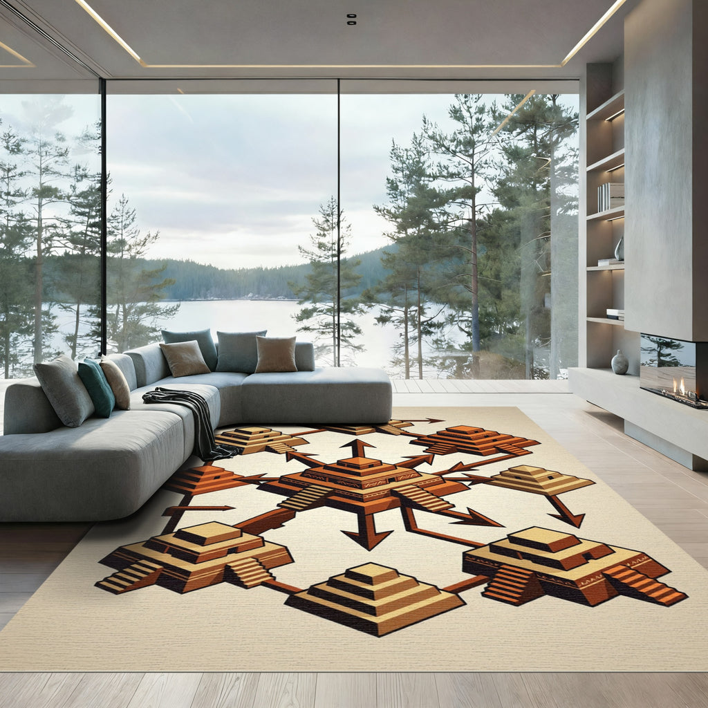 Isometric Terracotta Aztec Step Pyramid Rug