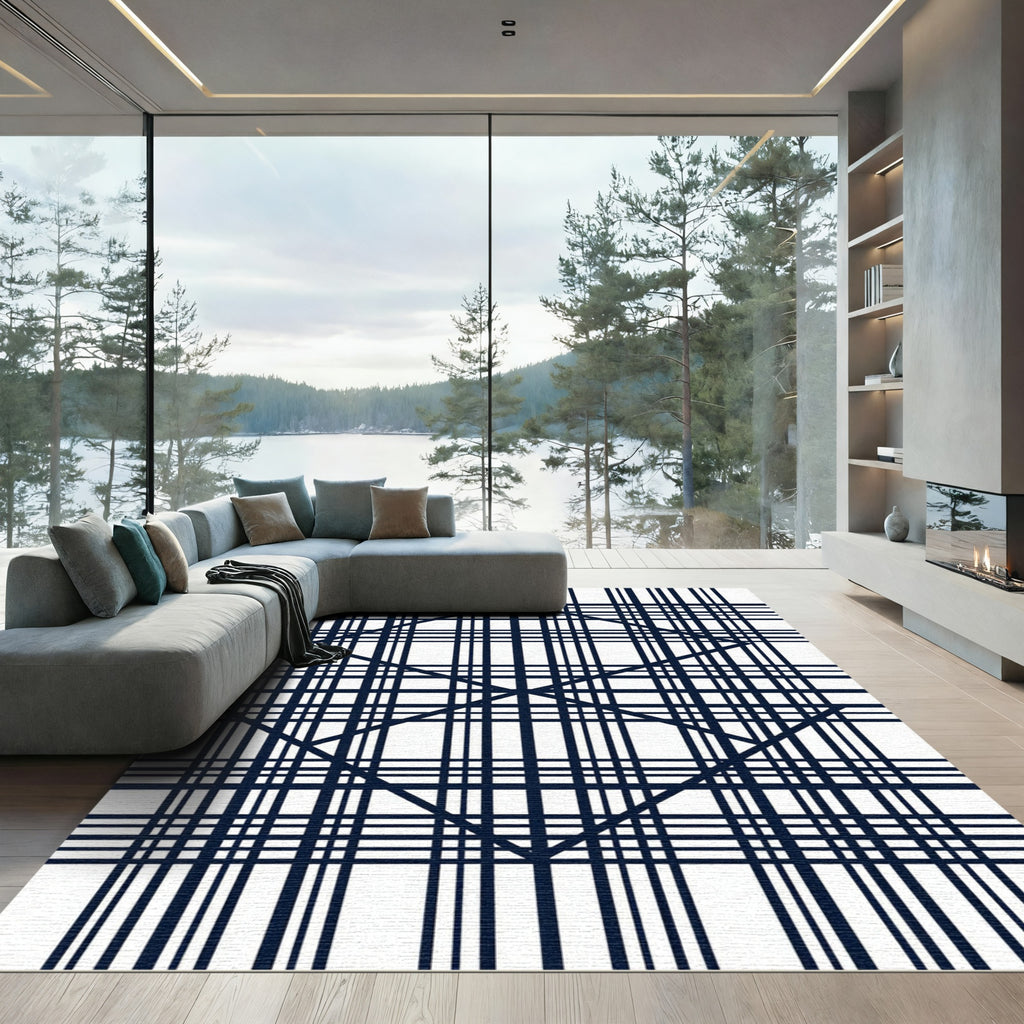 Deep Blue Intersecting Grid Diamond Rug