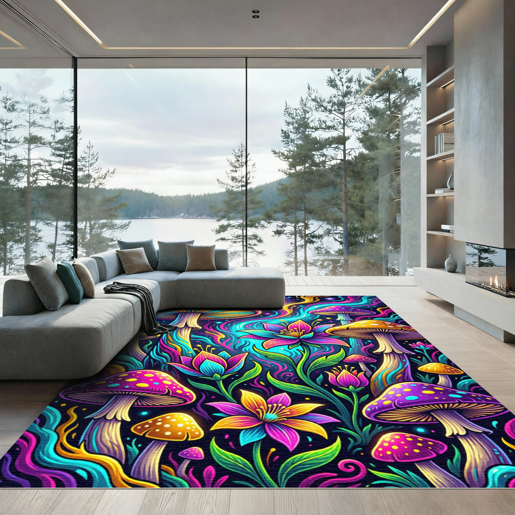 Vibrant Neon Psychedelic Mushroom Garden Rug