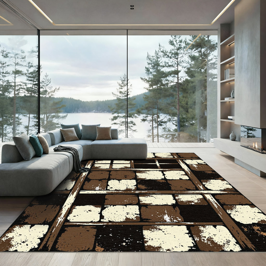 Abstract Earthy Tone Broken Tile Grid Rug