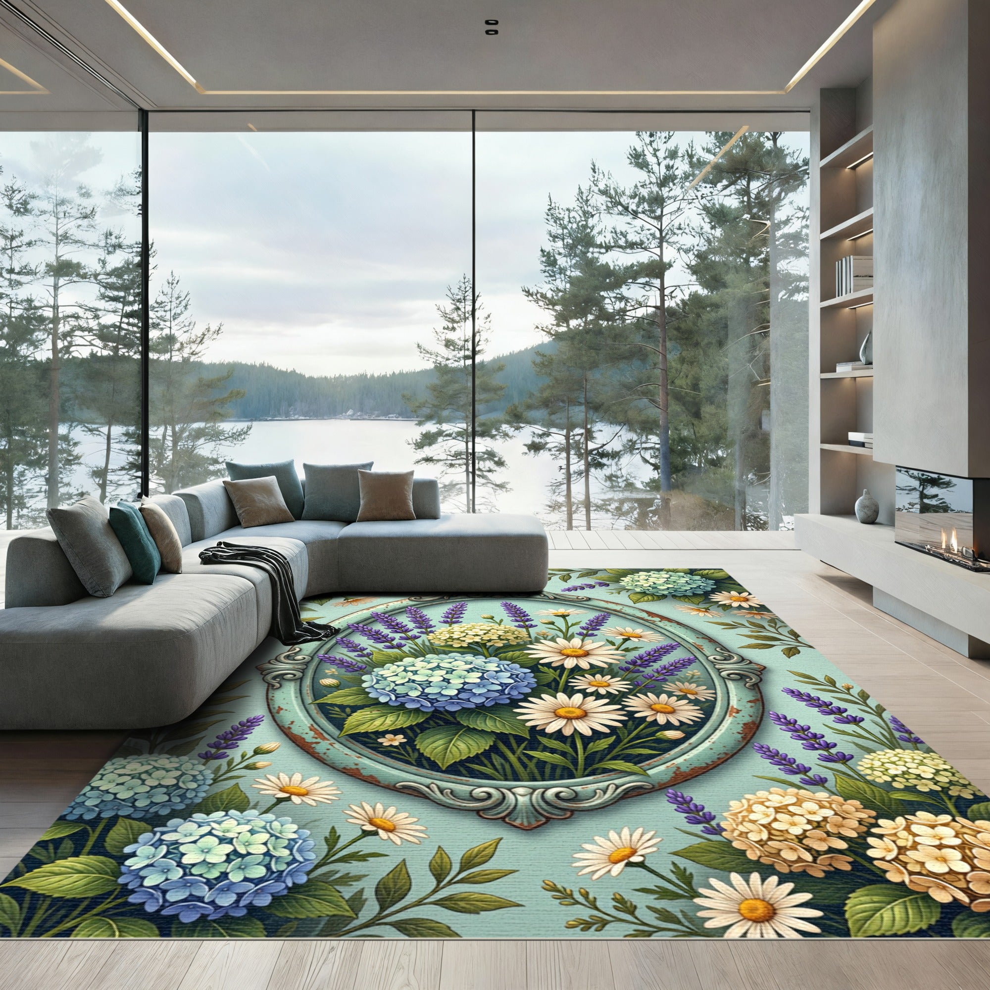 Vintage Floral Hydrangea and Lavender Bouquet Rug