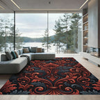 Elegant Crimson Gray Ornate Leaf Foliage Rug