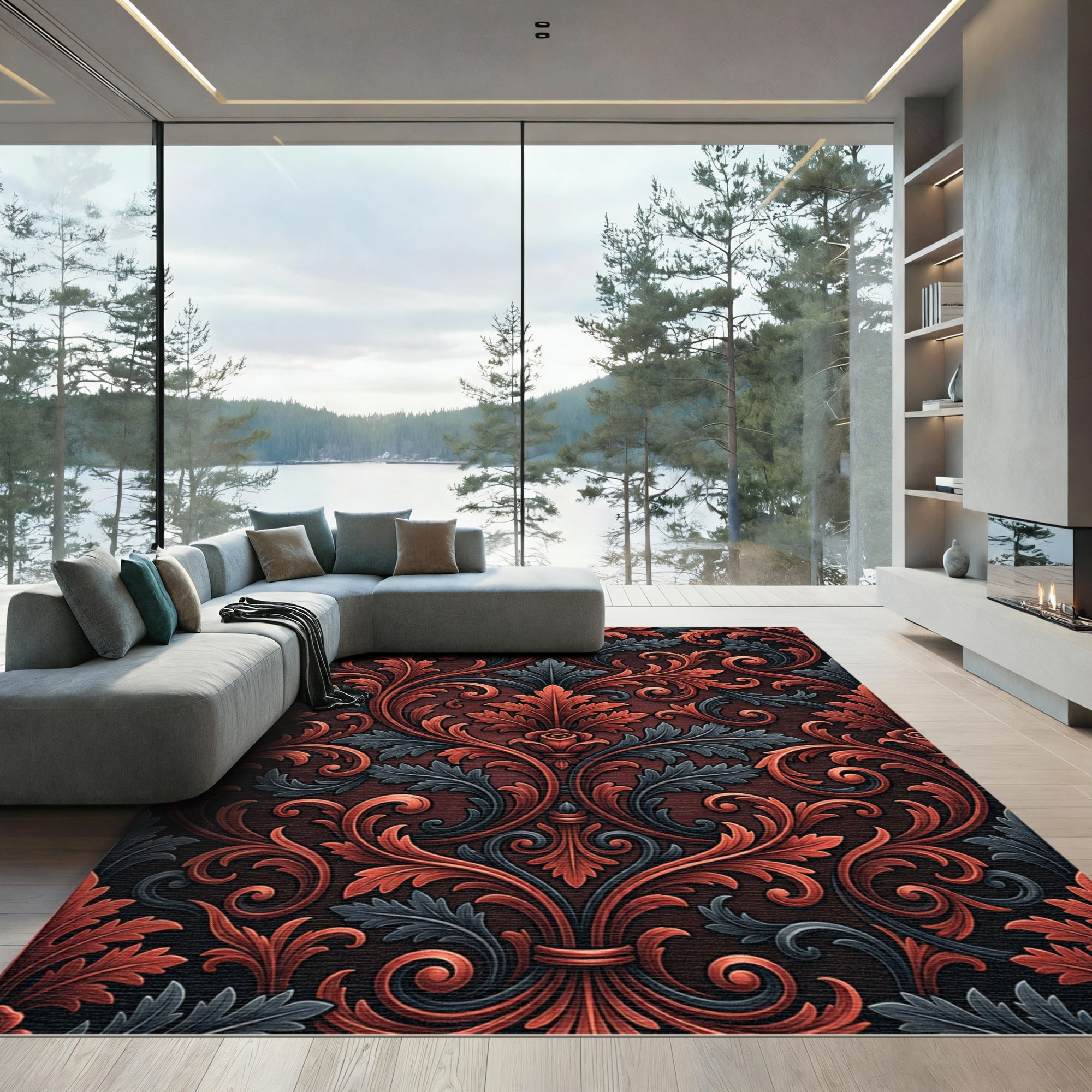 Elegant Crimson Gray Ornate Leaf Foliage Rug