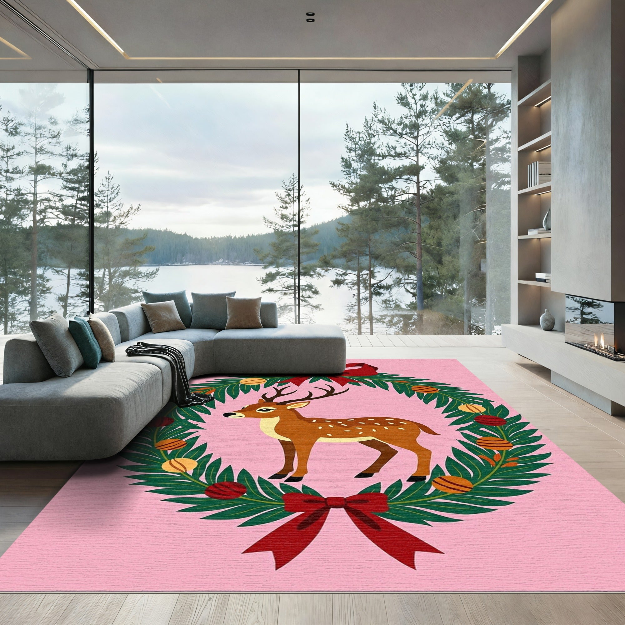Festive Deer Wreath with Red Bows Rug