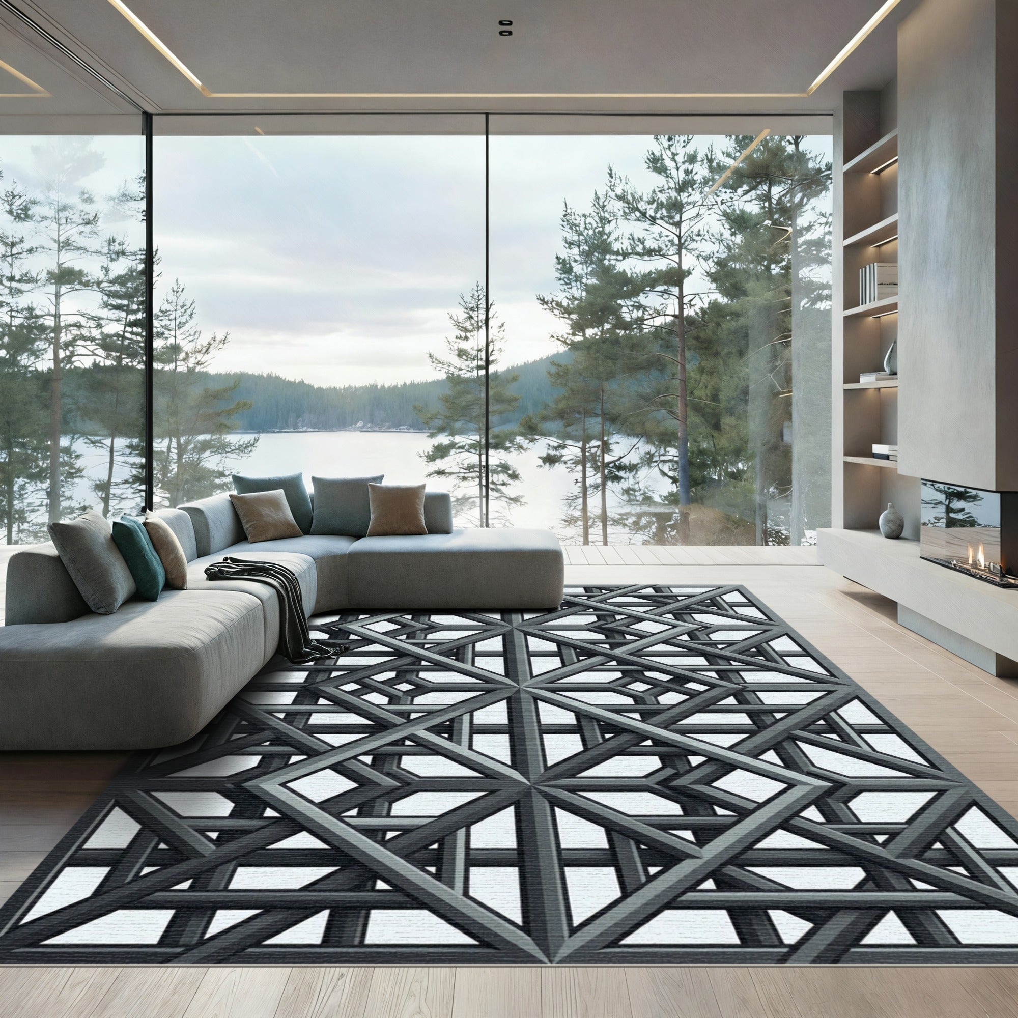 Sophisticated Charcoal Interlocking Geometric Grid Rug