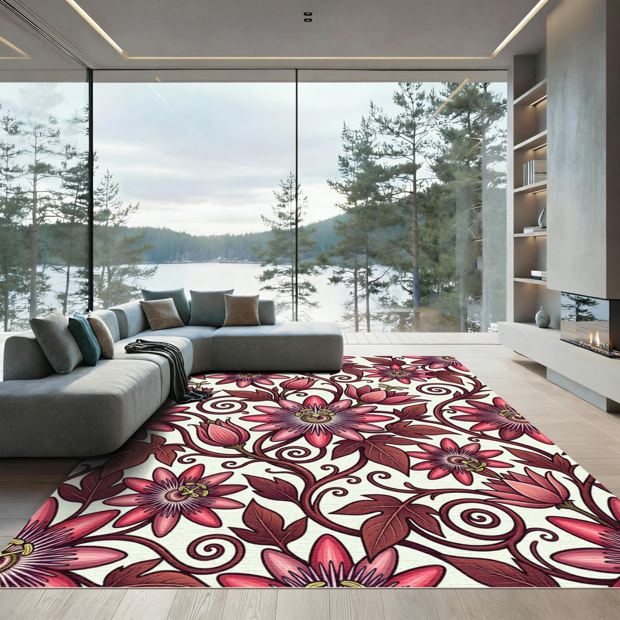 Elegant Crimson Passion Flower Botanical Rug