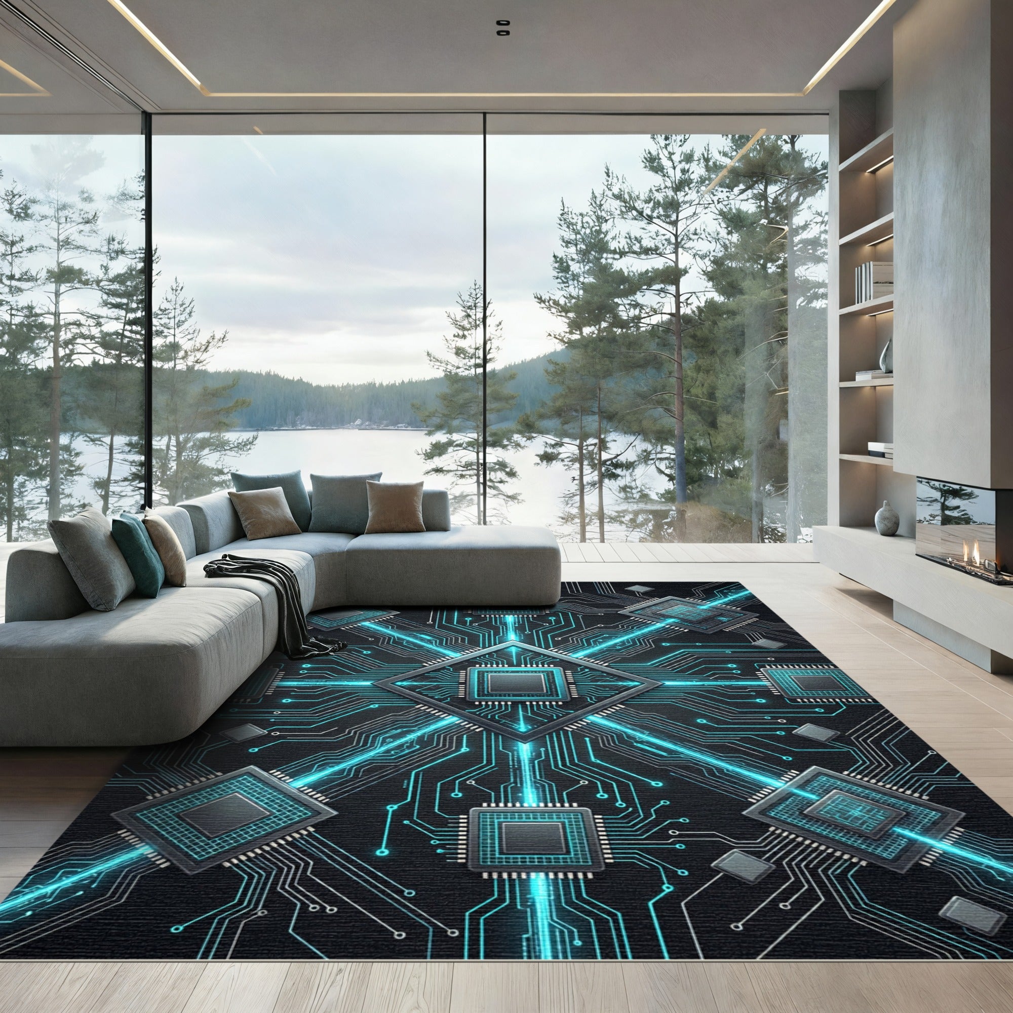 Neon Cybernetic Circuitry Geometric Grid Rug