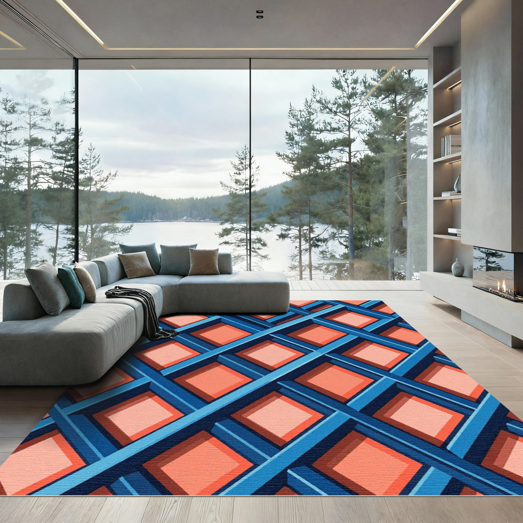 Geometric Blue and Coral Lattice Rug
