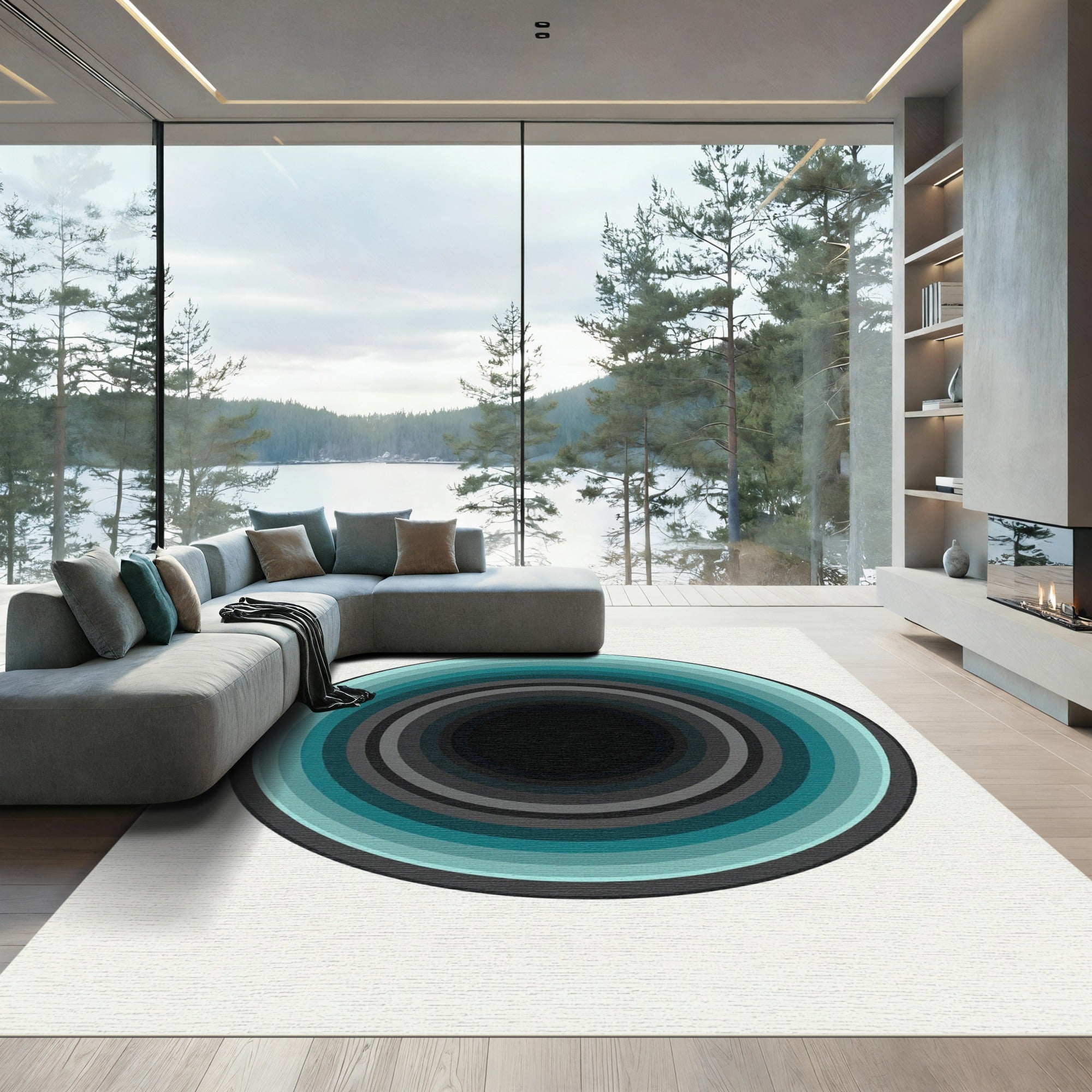 Teal and Charcoal Concentric Circle Art Rug