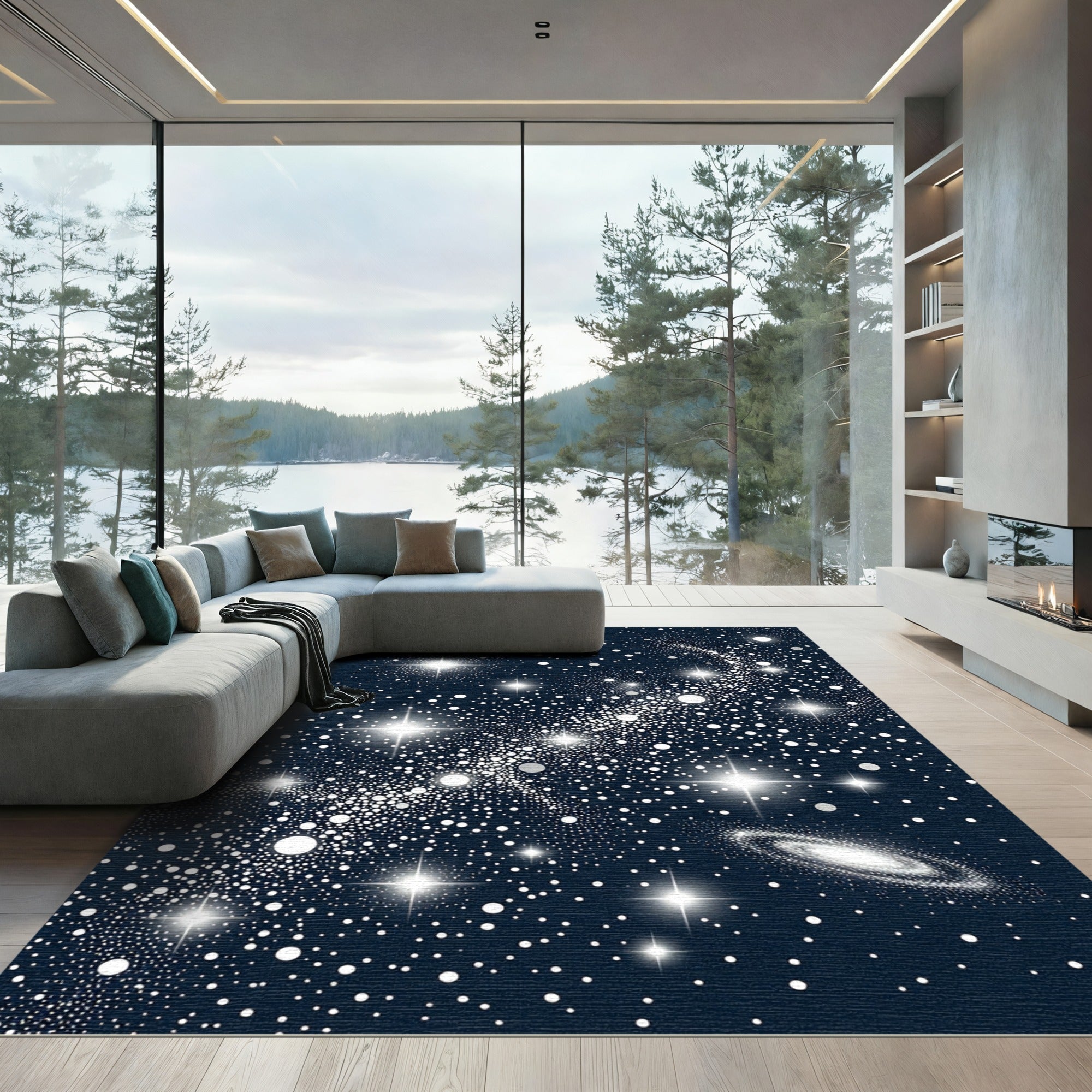 Shimmering Navy Blue Starry Galaxy Rug