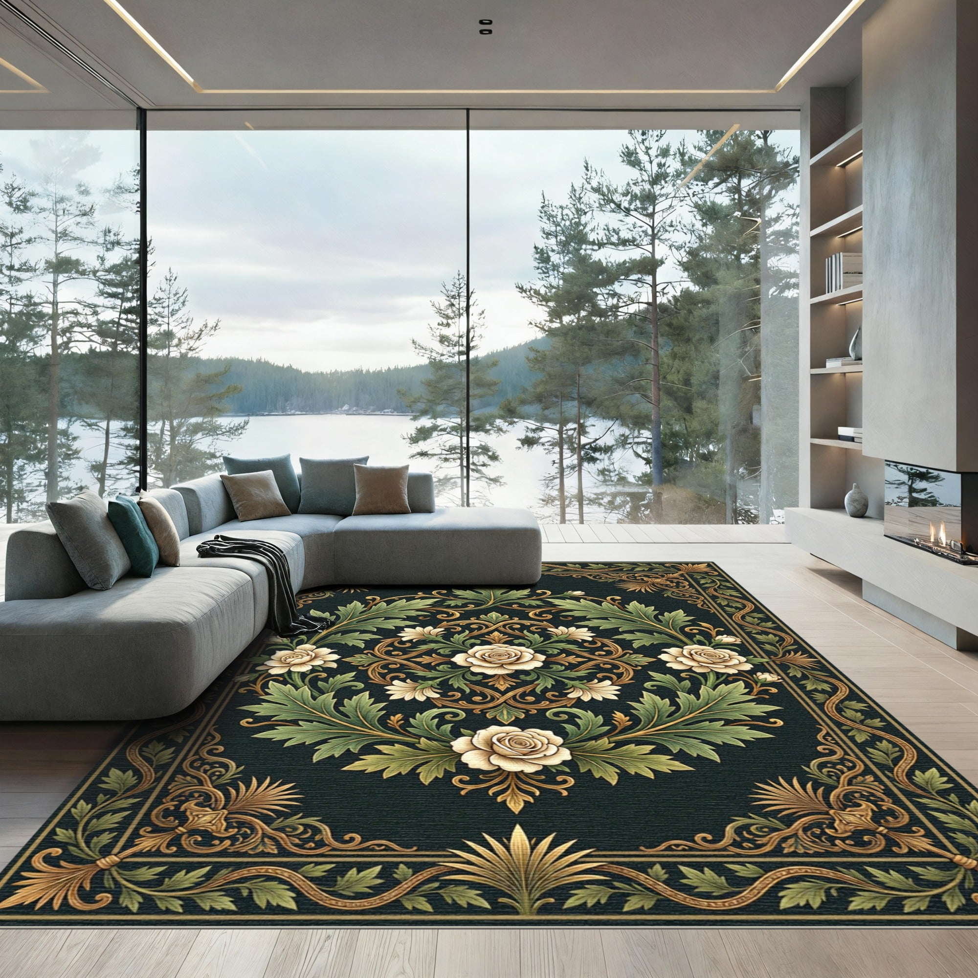 Elegant Cream Rose Floral Medallion Rug