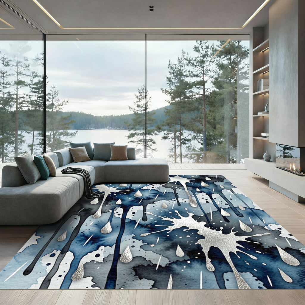 Deep Blue Watercolor Drops Splash Rug