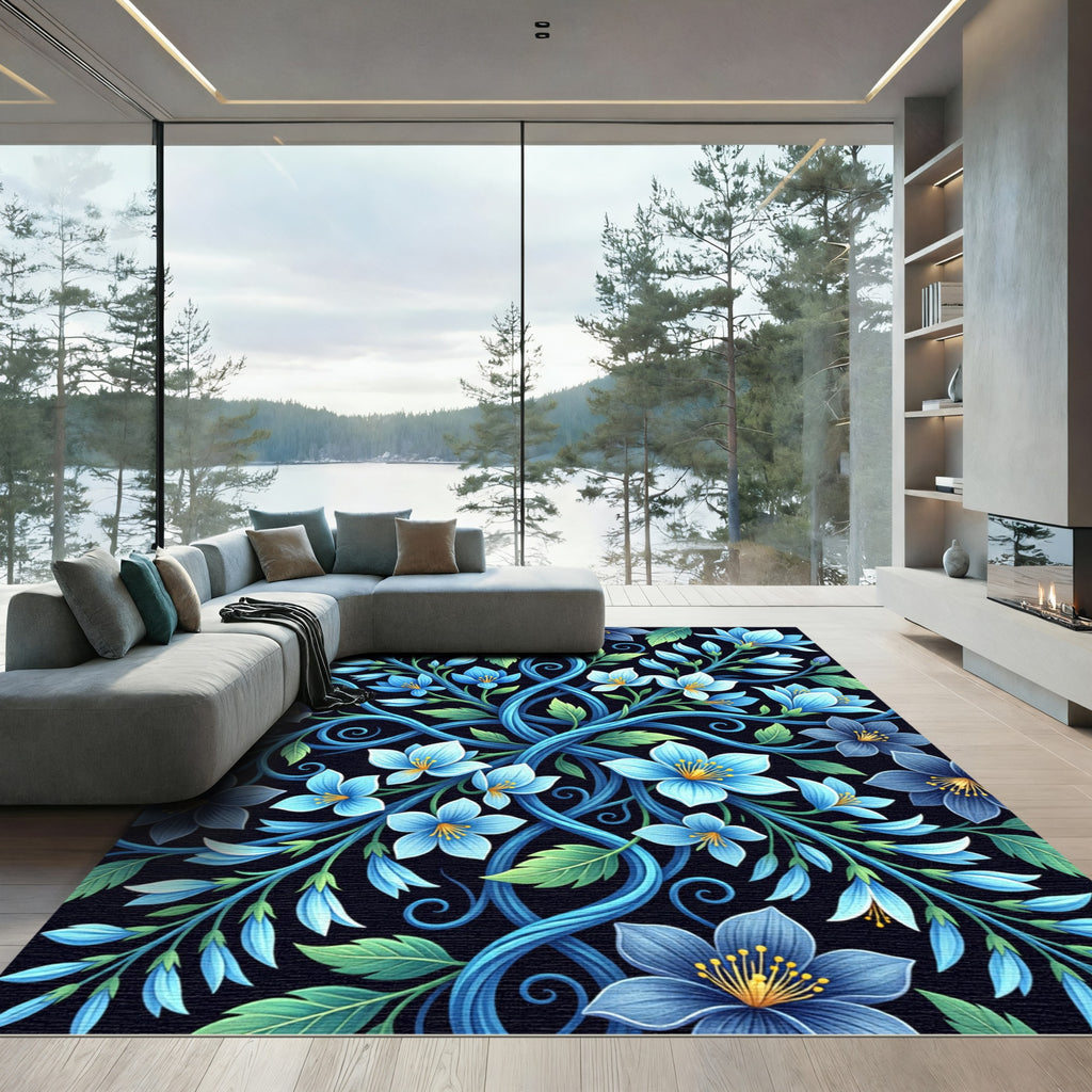 Botanical Blue Swirling Floral Vines Rug