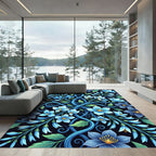Botanical Blue Swirling Floral Vines Rug