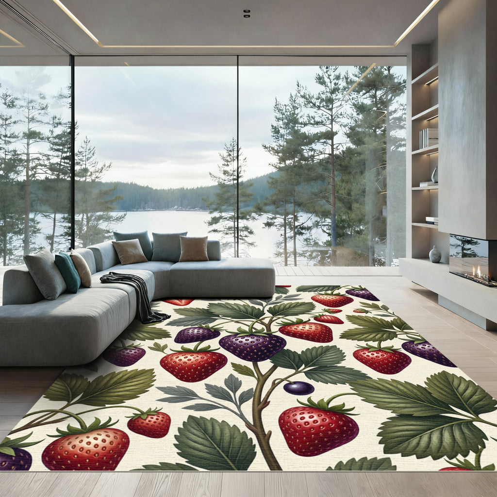 Whimsical Dark Berry Botanical Strawberry Garden Rug