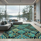 Teal Gold Arabesque Floral Medallions Rug