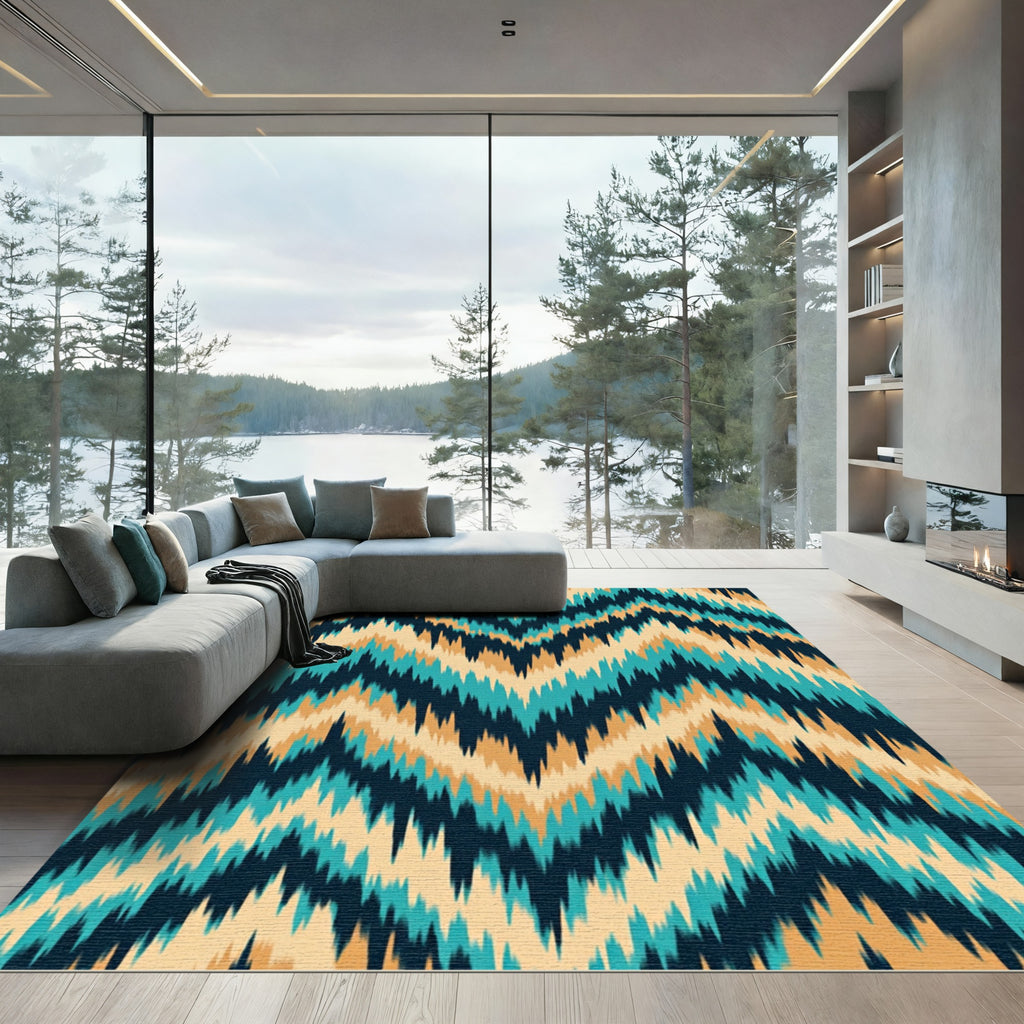Teal Tan Navy Chevron Zigzag Rug