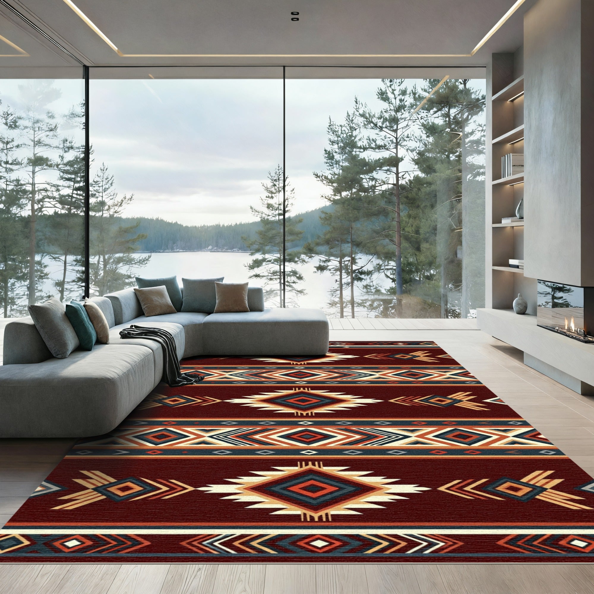 Rich Crimson Navajo Diamond Stripe Rug