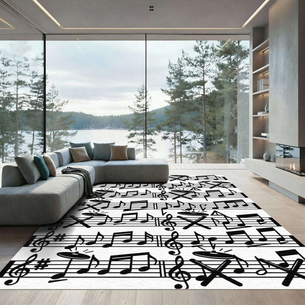 Monochrome Abstract Musical Sheet Drum Composition Rug