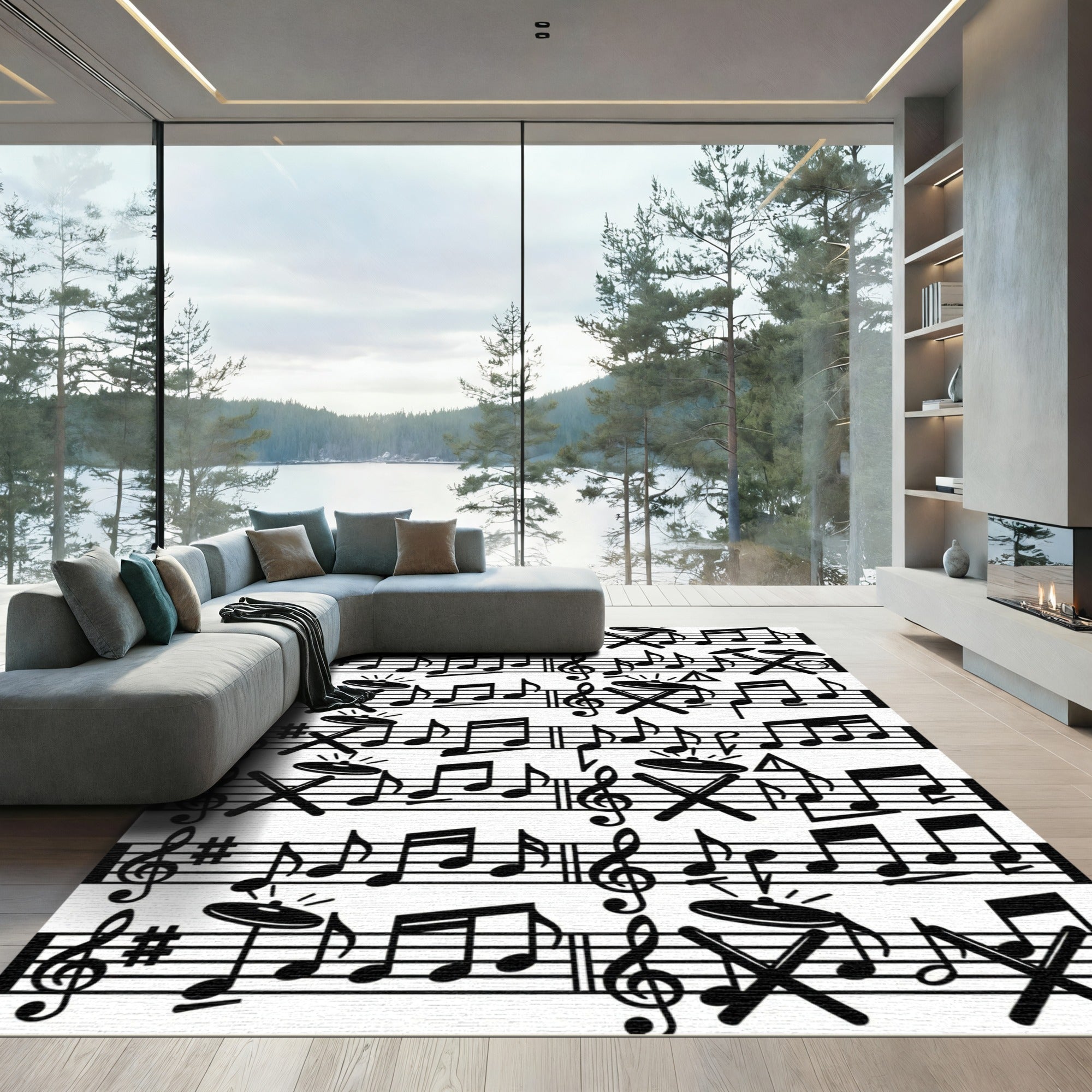 Monochrome Abstract Musical Sheet Drum Composition Rug