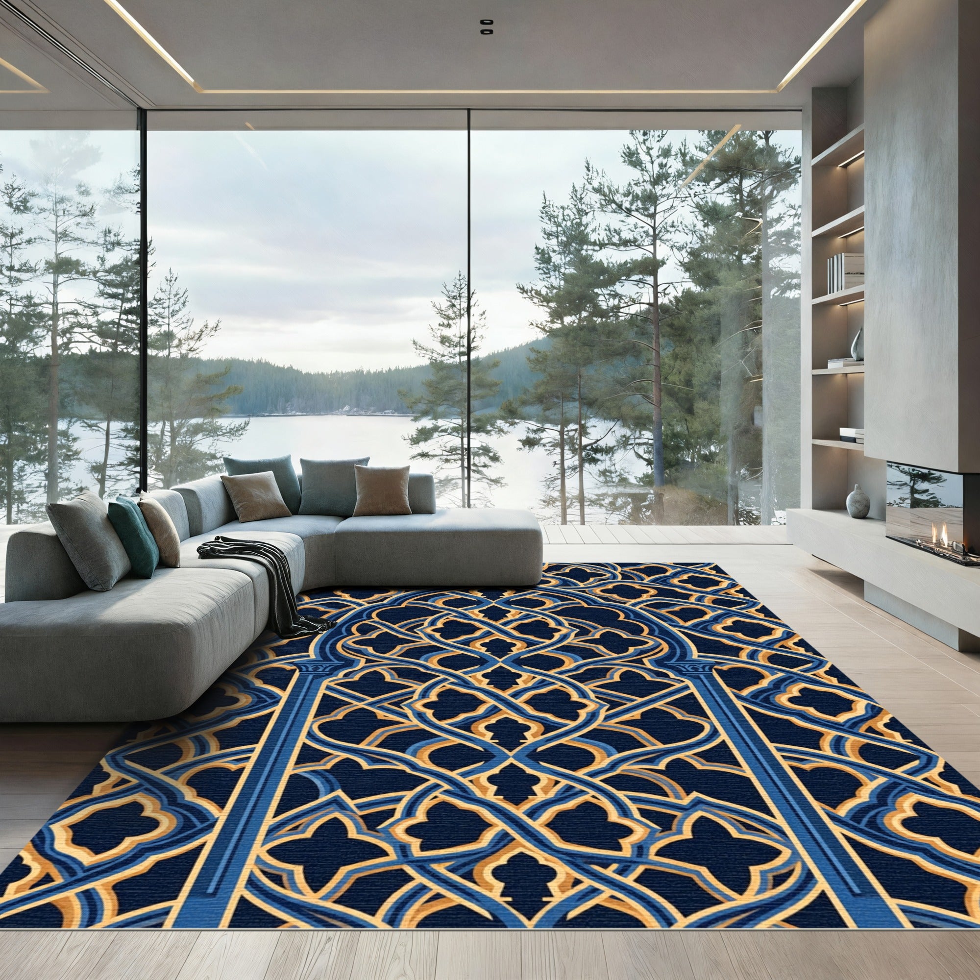 Navy and Gold Entwined Arch Geometry Rug