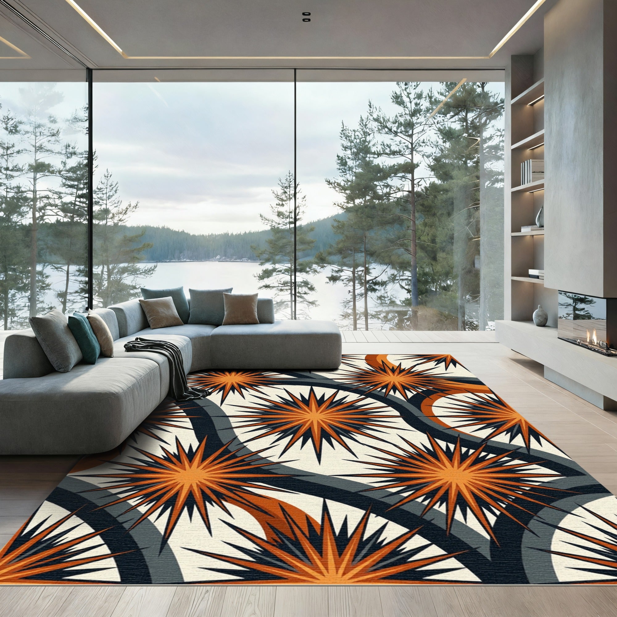 Midcentury Orange Starry Slate Swirl Rug