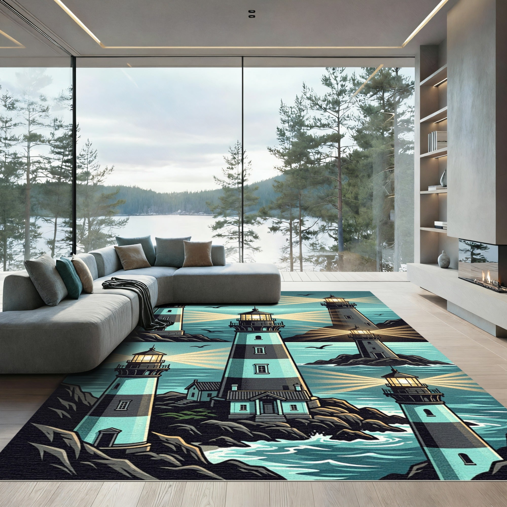 Coastal Lighthouse Scene in Teal and Navy Rug