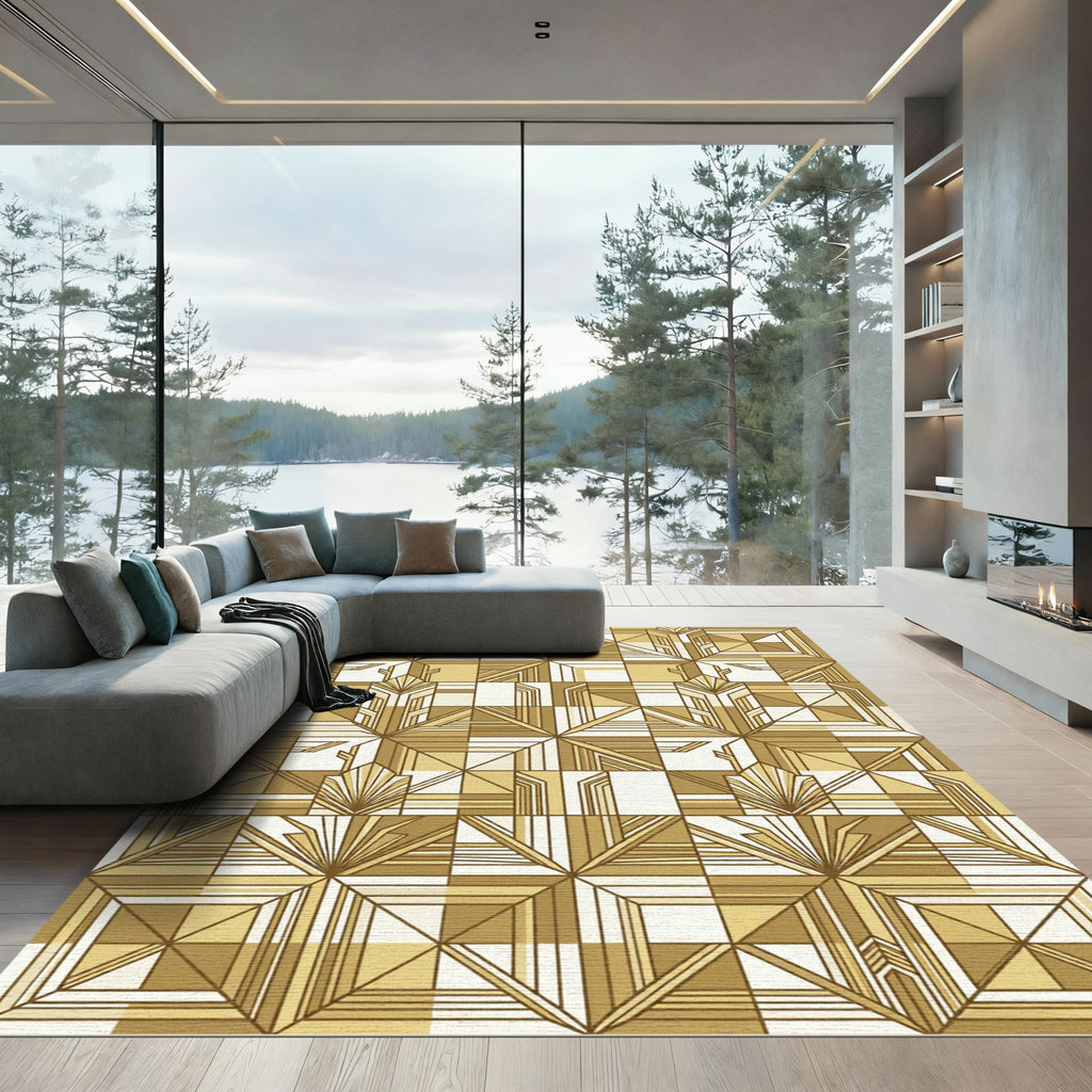 Golden Art Deco Geometric Sunburst Rug