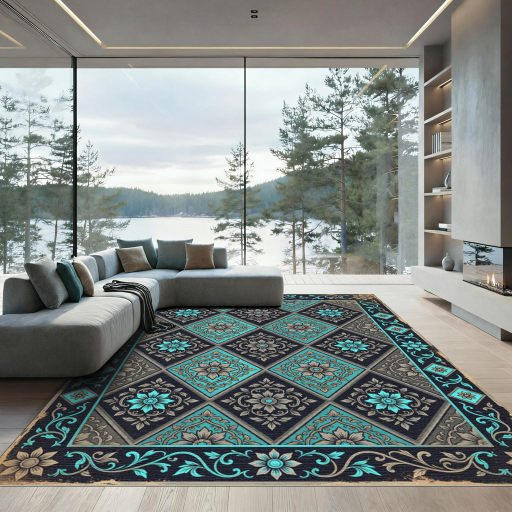 Ornate Turquoise Floral Diamond Border Rug