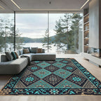 Ornate Turquoise Floral Diamond Border Rug