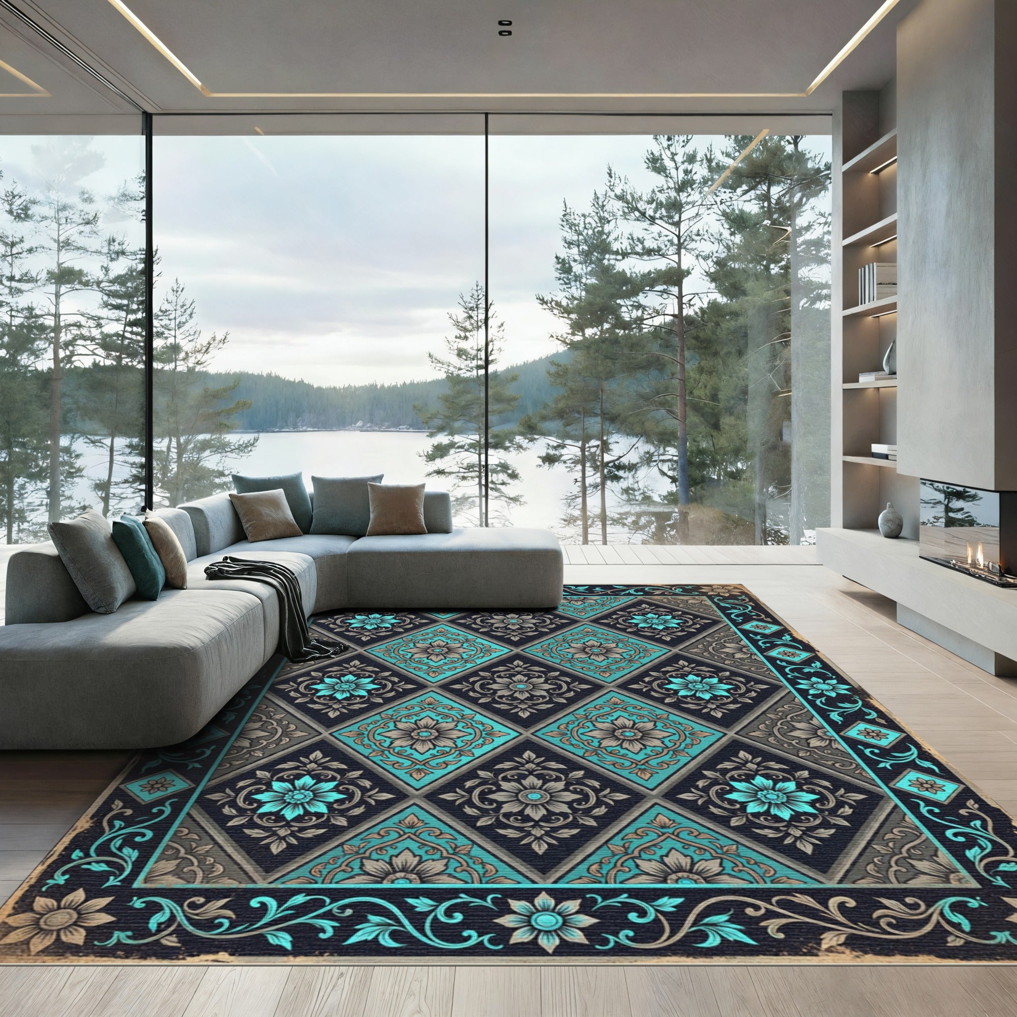 Ornate Turquoise Floral Diamond Border Rug