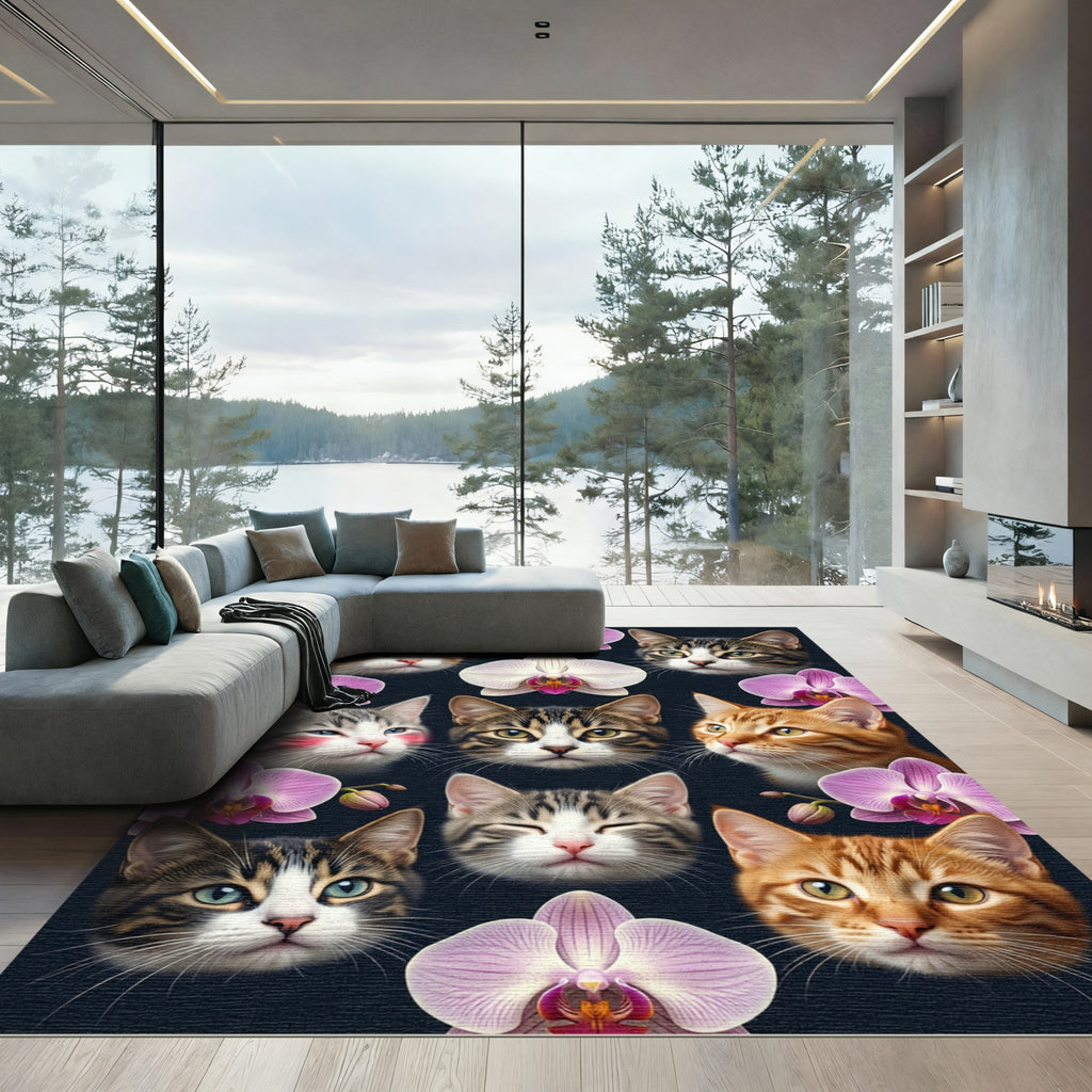 Cute Cats and Orchids Floral Rug