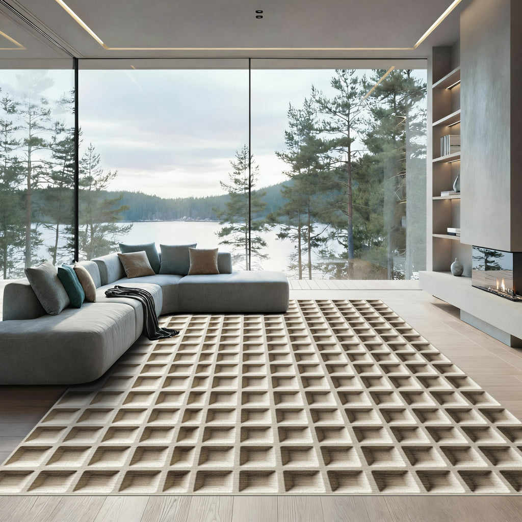 Cream Geometric Grid Textured Rug