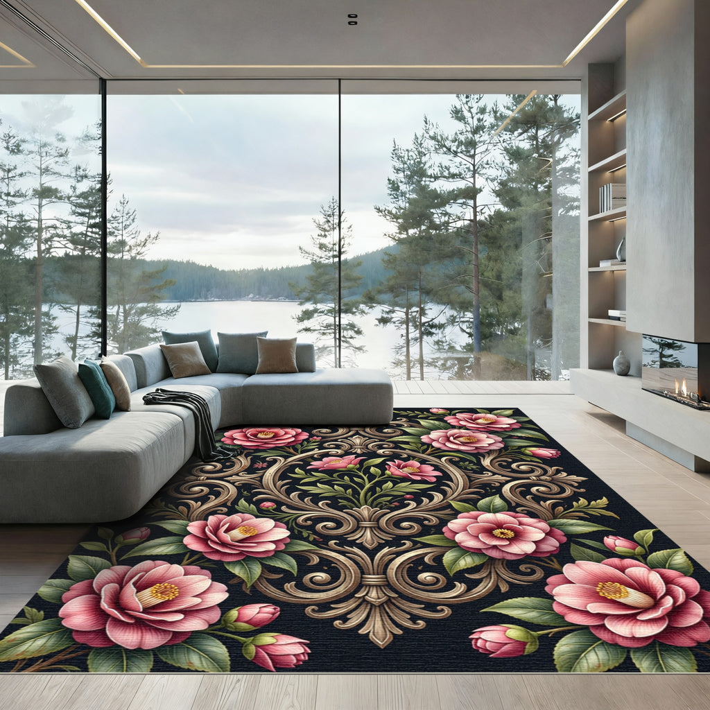 Elegant Pink Camellia Gold Scrollwork Rug