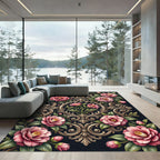 Elegant Pink Camellia Gold Scrollwork Rug