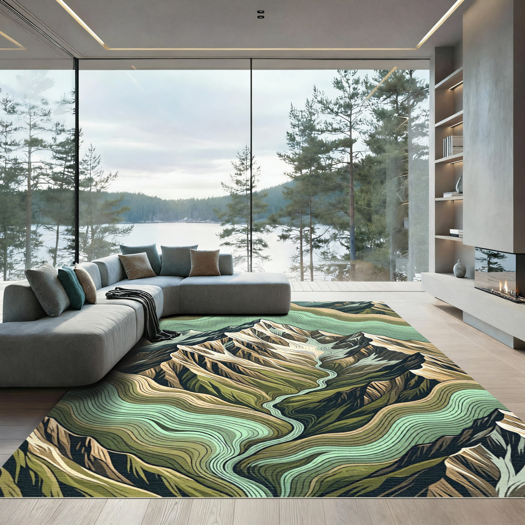 Earthy Green Tiered Mountain Line Art Rug