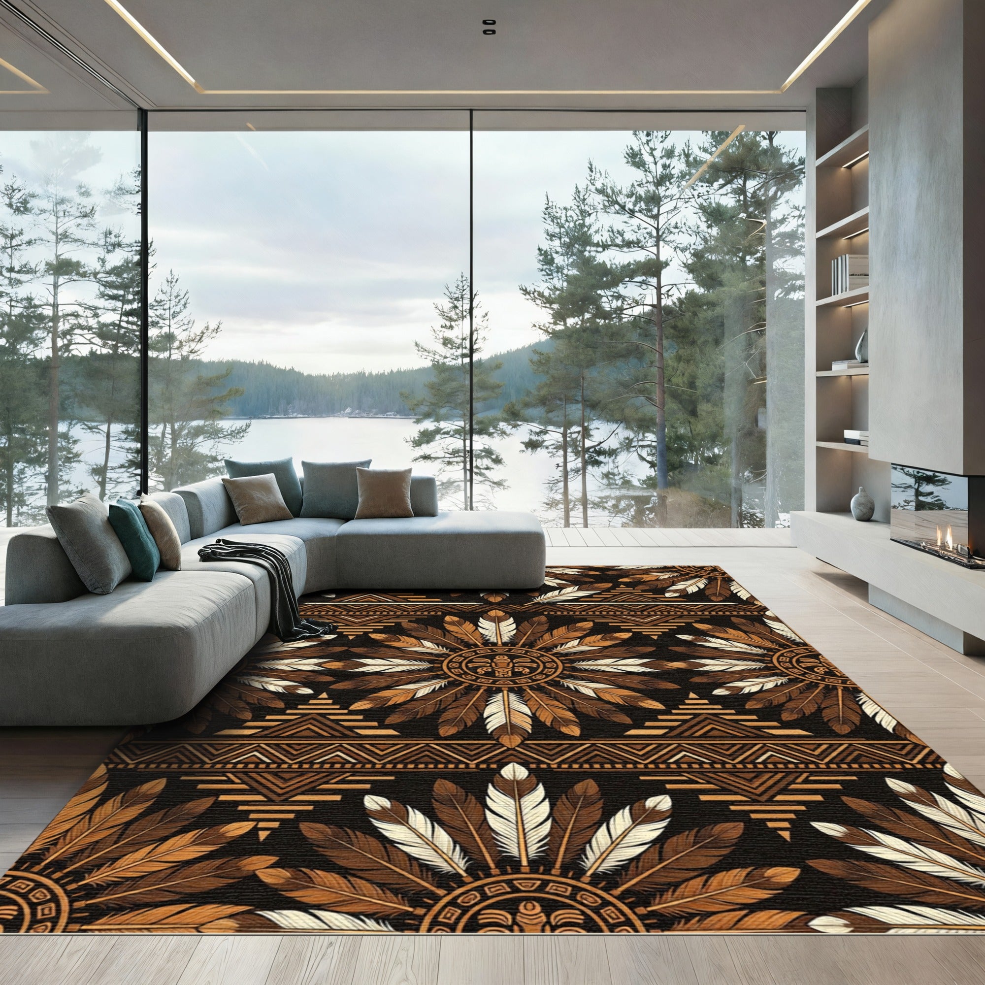 Brown Feather Sun Native American Rug