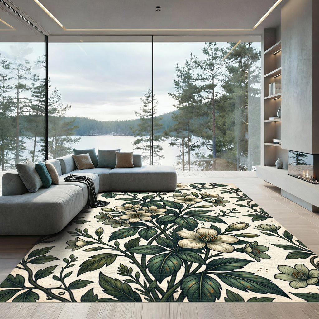 Cream and Teal Floral Vine Branches Rug