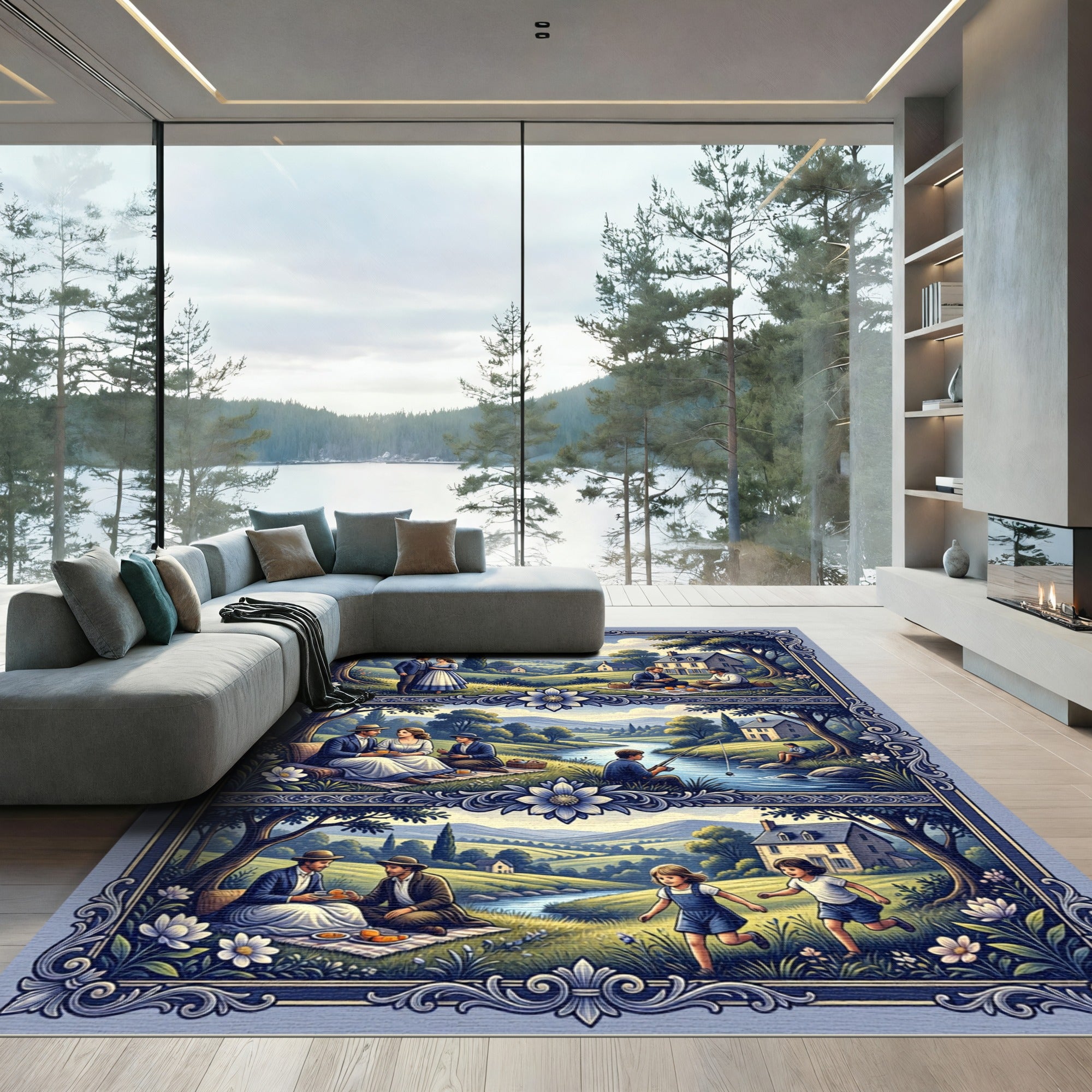 Pastoral Serenity Blue Landscape Scenes Rug