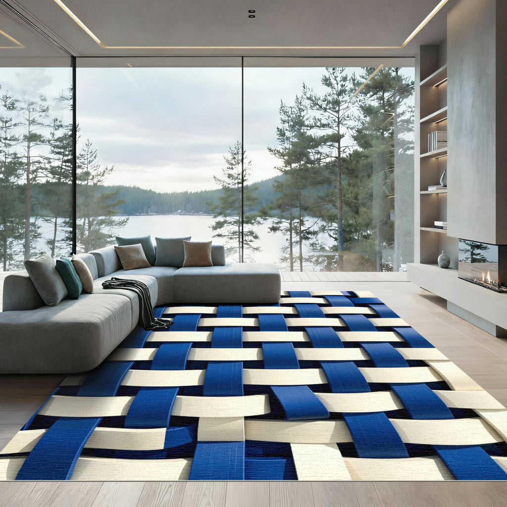 Modern Navy and Cream Woven Grid Rug