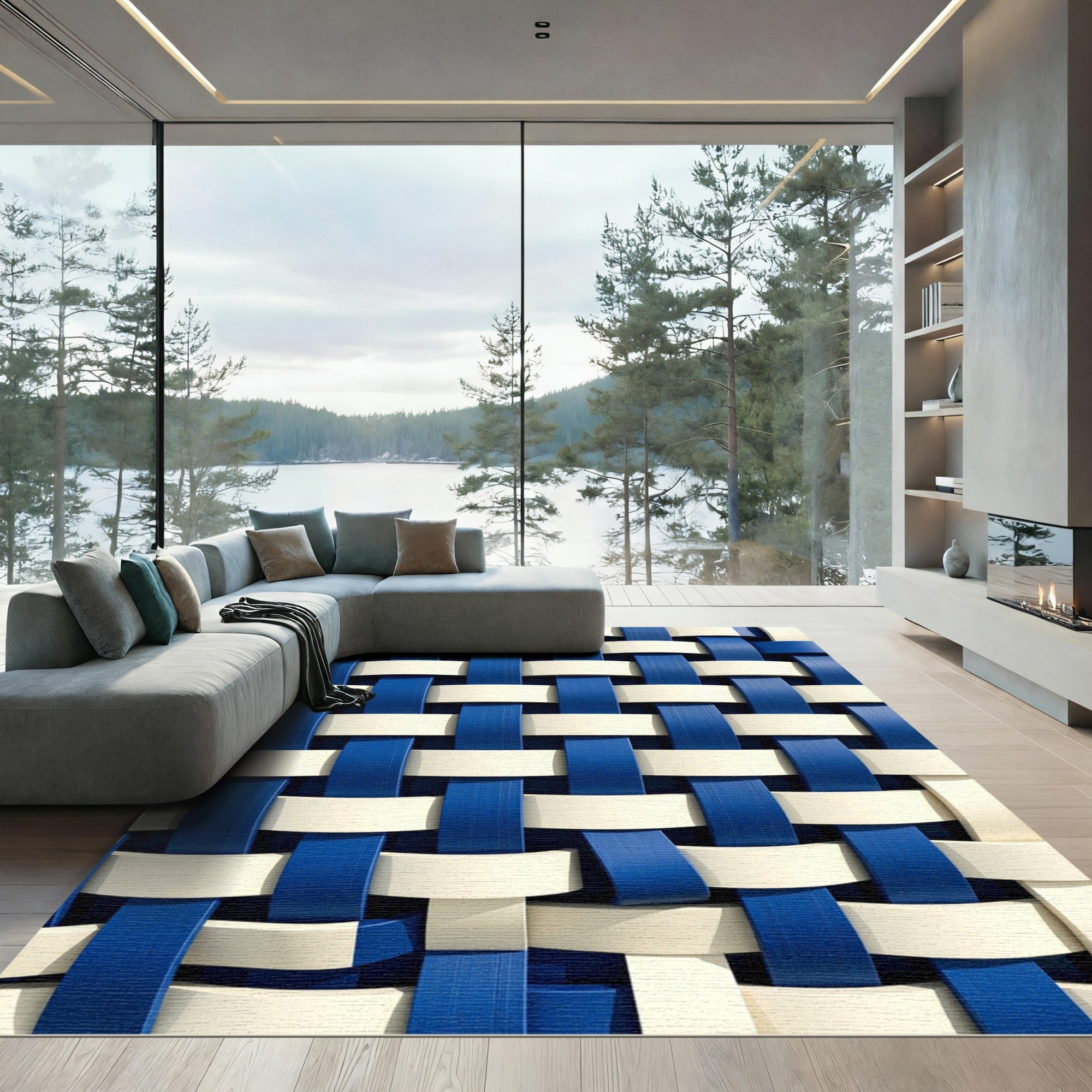 Modern Navy and Cream Woven Grid Rug