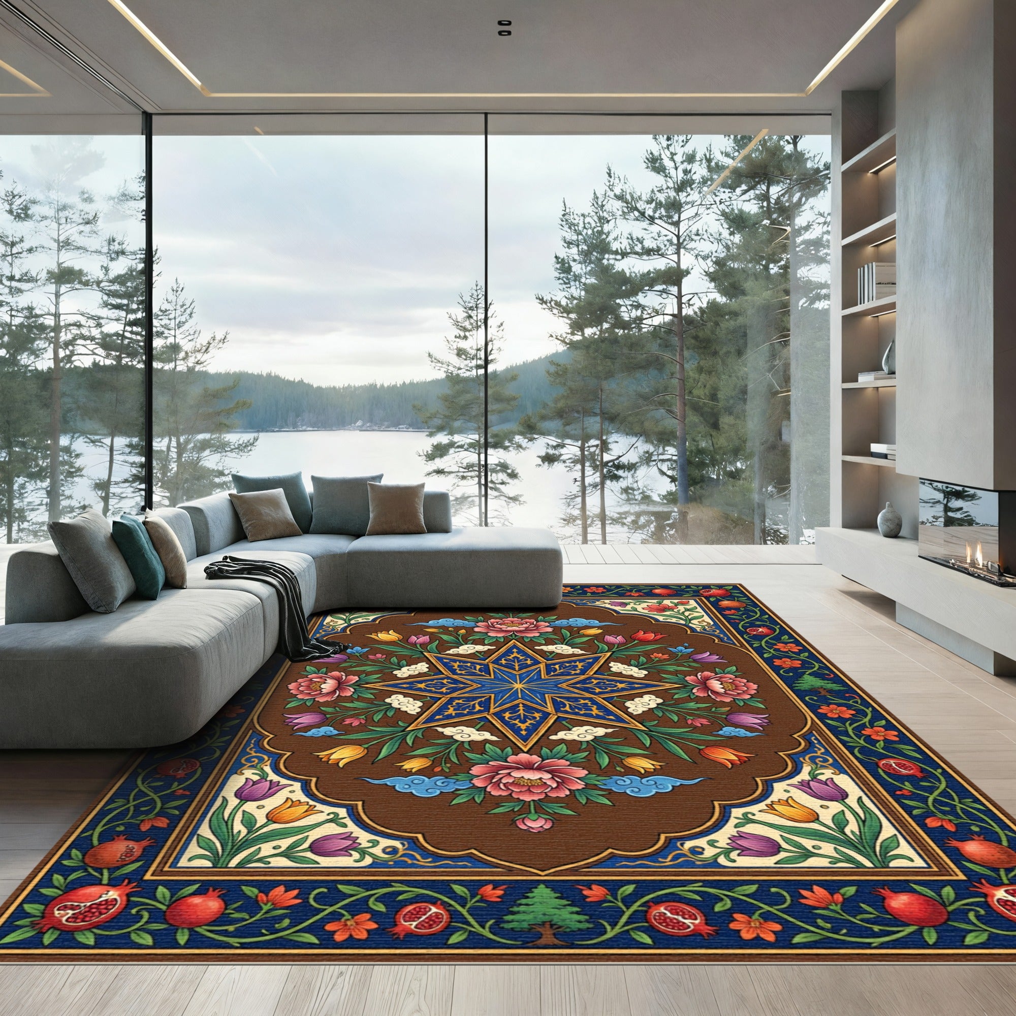 Floral Eight Point Star Pomegranate Medallion Rug