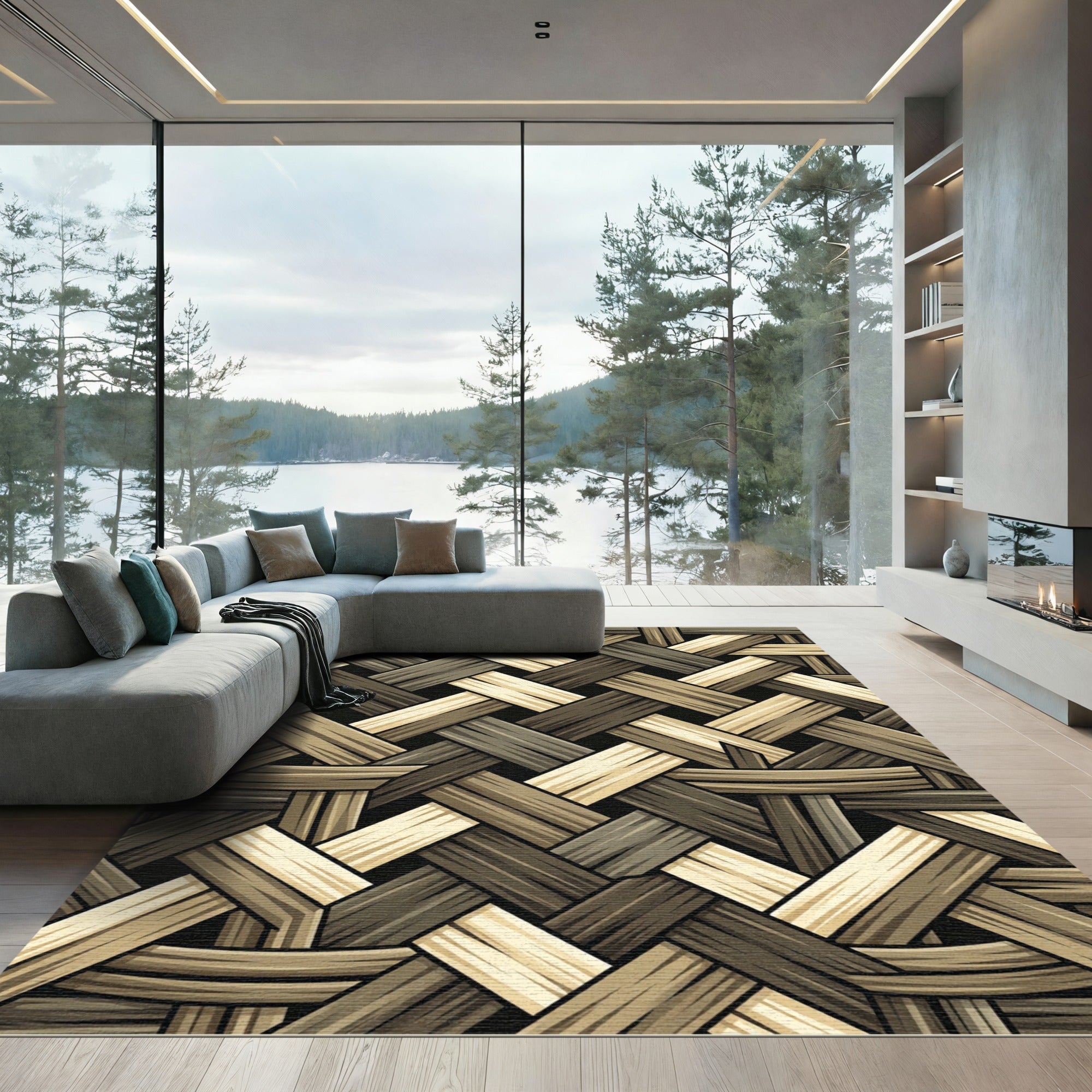 Neutral Earthy Tone Woven Basket Weave Rug