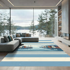 Coastal Harbor Scene with Blue Stripes Rug