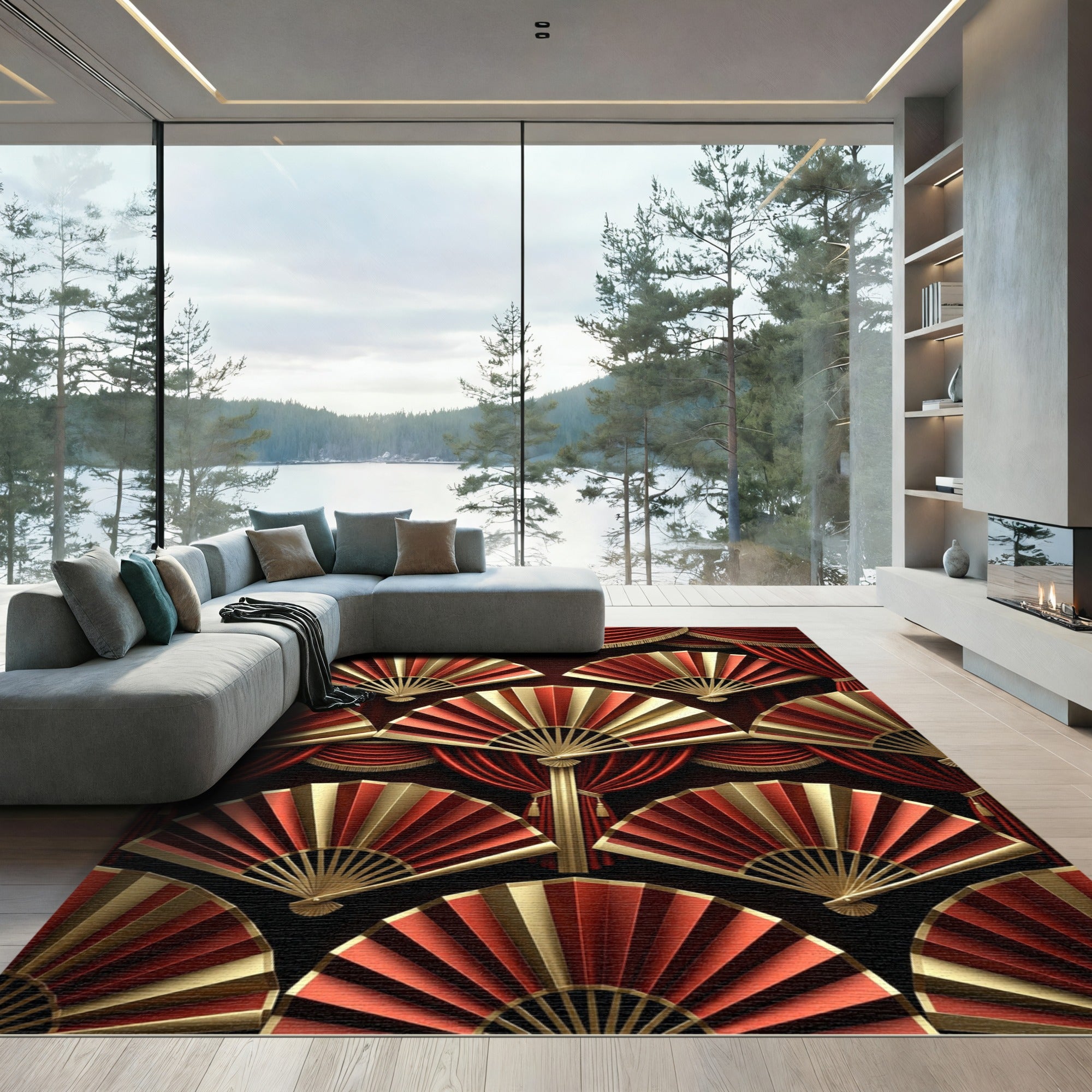 Crimson Gold Fan Arrangement Rug