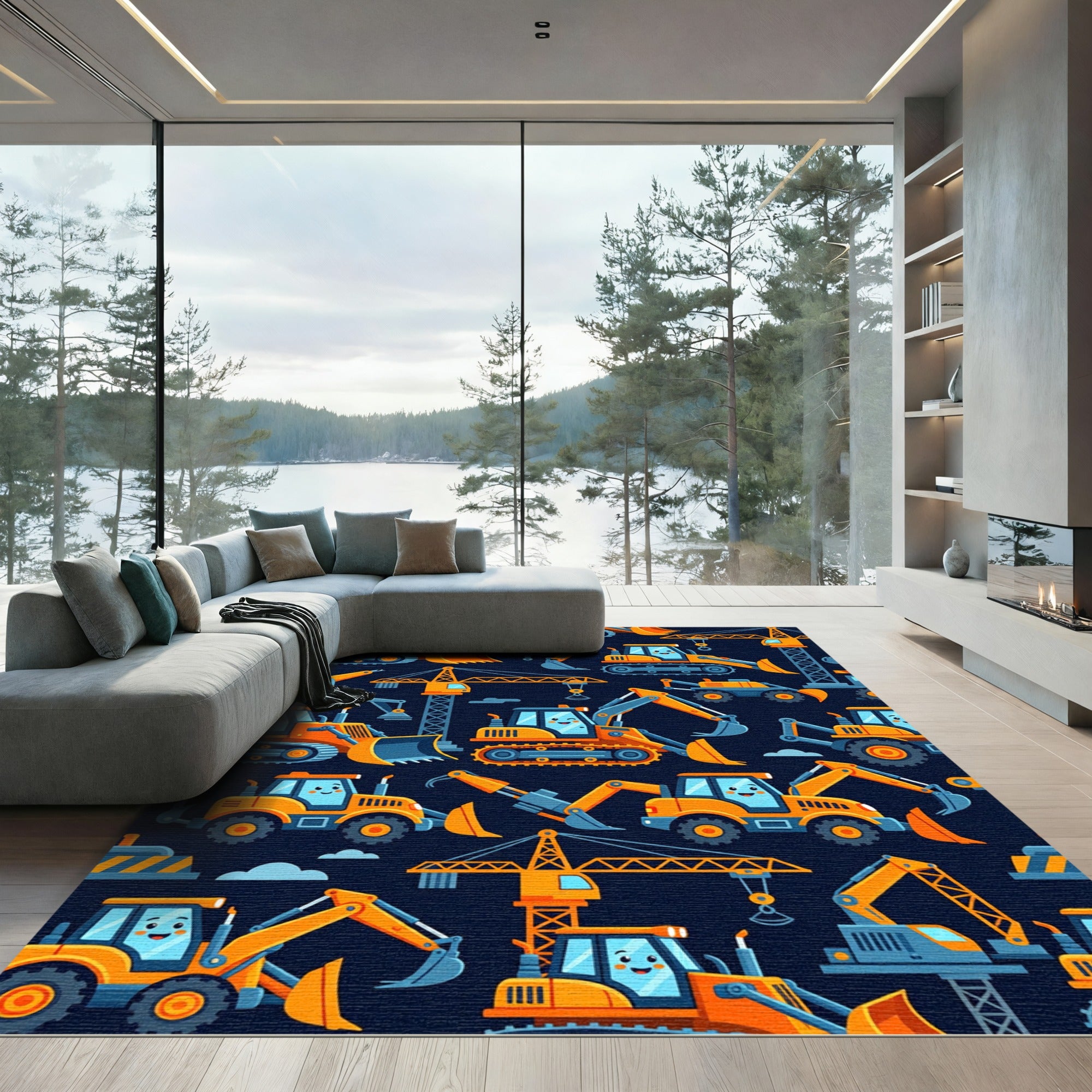 Cute Yellow Construction Truck Night Sky Rug