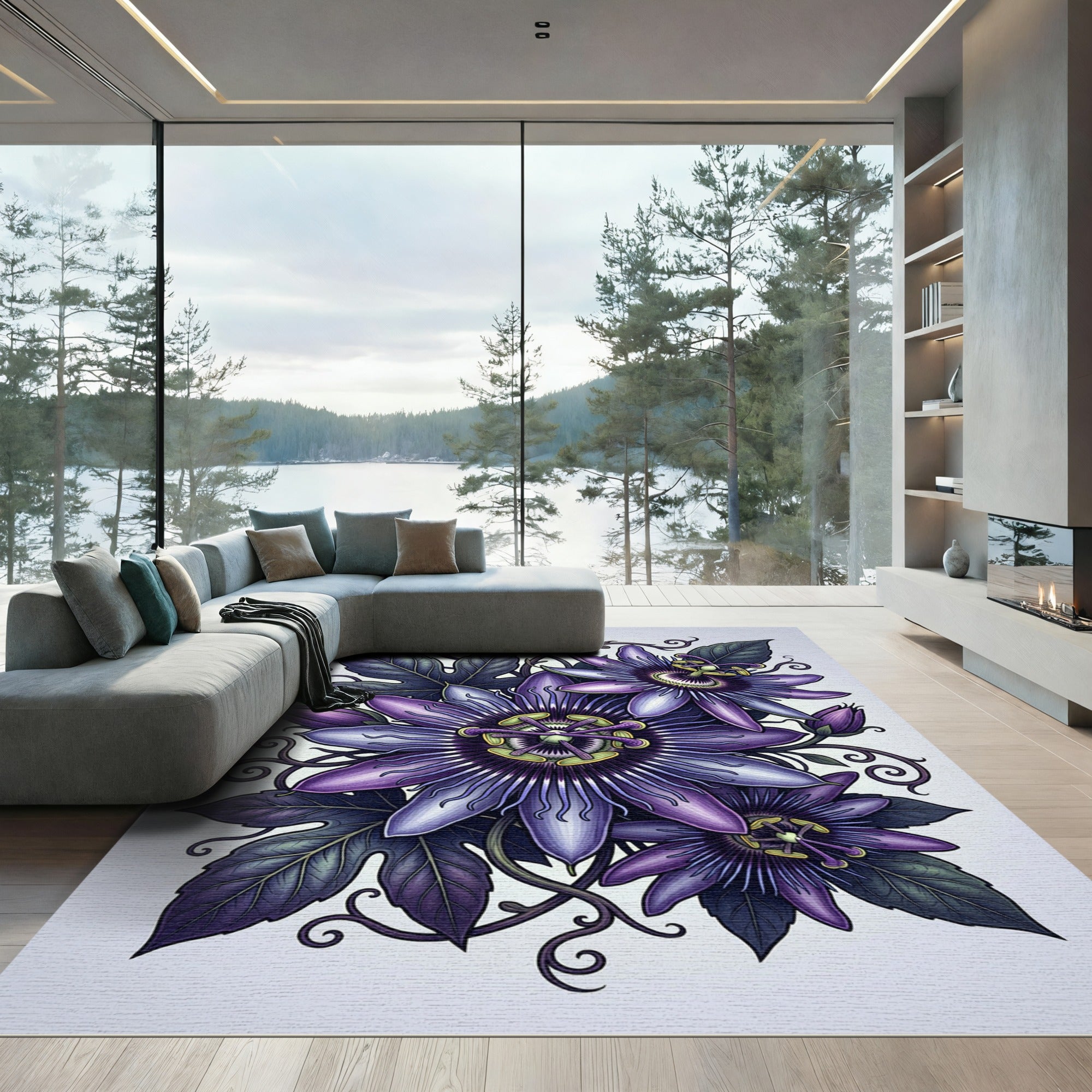 Botanical Deep Purple Passion Flower Garden Rug