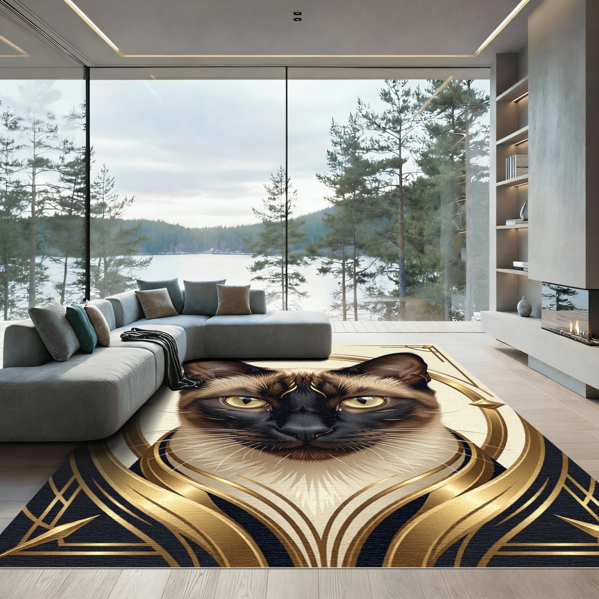 Elegant Gold Art Deco Siamese Cat Rug