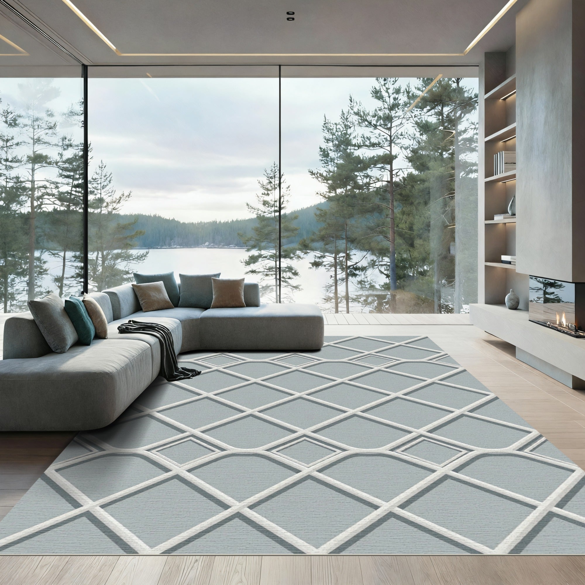 Geometric Diamond Grid Slate Gray Rug